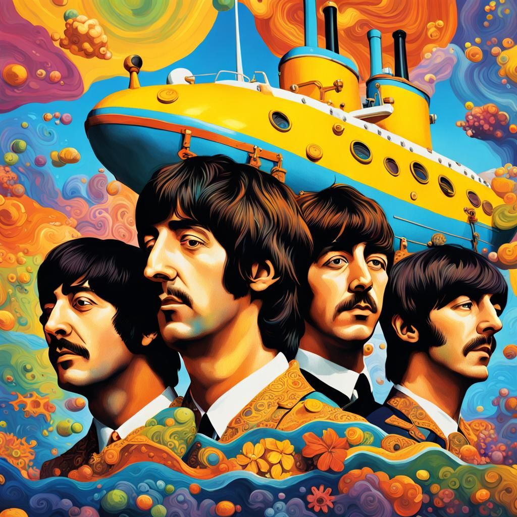 The Beatles in Yellow Submarine: Hyperrealistic Splash Art