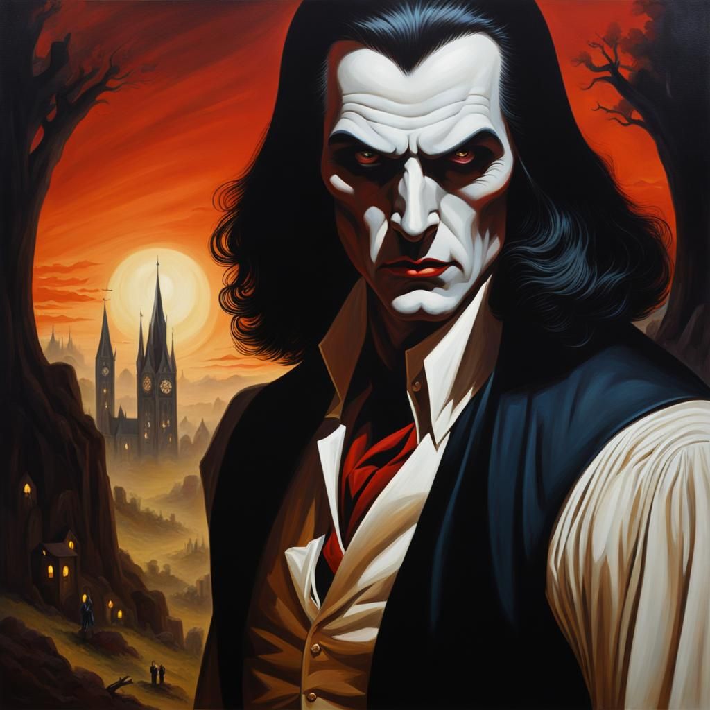 Spectacular 1970s Vampire Painting with Detailed Background