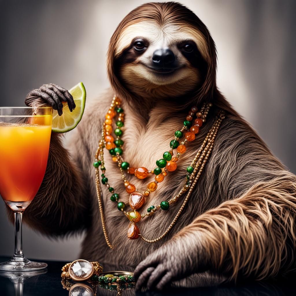 Sloth with Cocktails and Jewelry in HDR