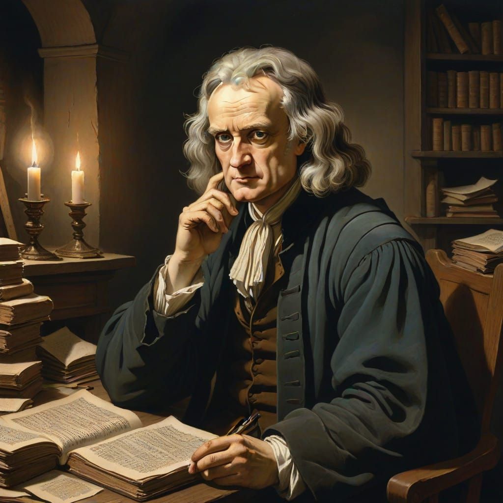 Scholarly Portrait of Sir Isaac Newton in the Style of Rembr...