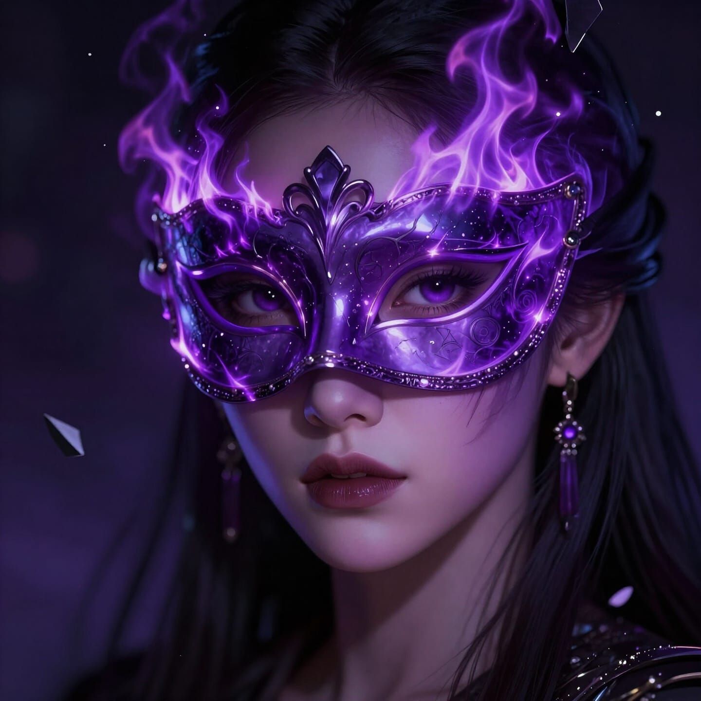 Woman in Purple Fire Masquerade Mask Digital Art