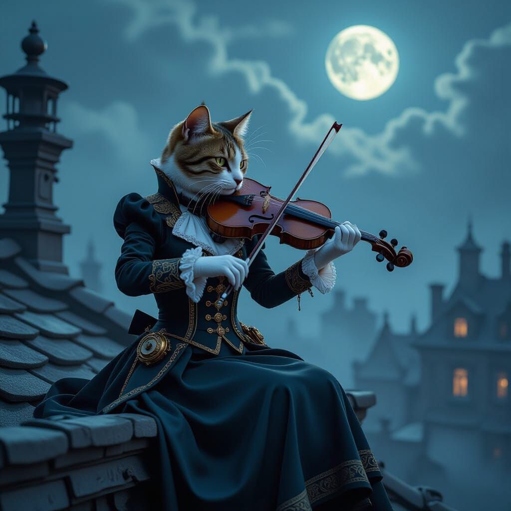Steampunk Cat Plays Violin on Misty Rooftop