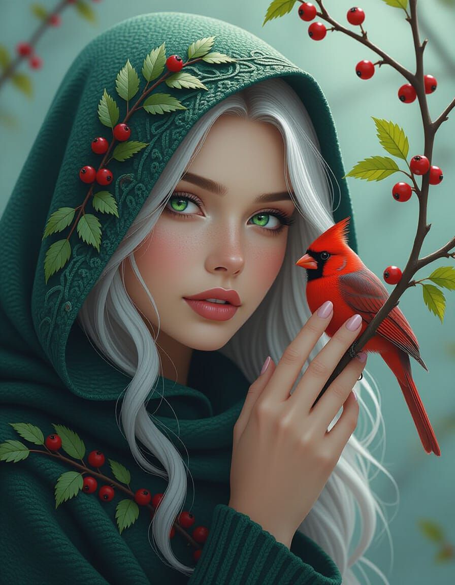 Enchanting Woman with Cardinal Bird, Hyperrealism