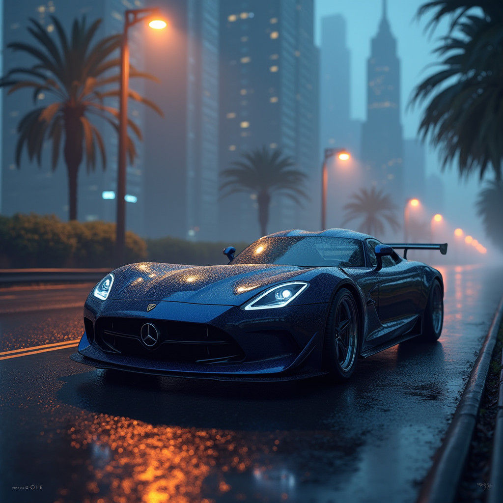 Midnight Blue Sports Car in Retro-Futuristic Cityscape