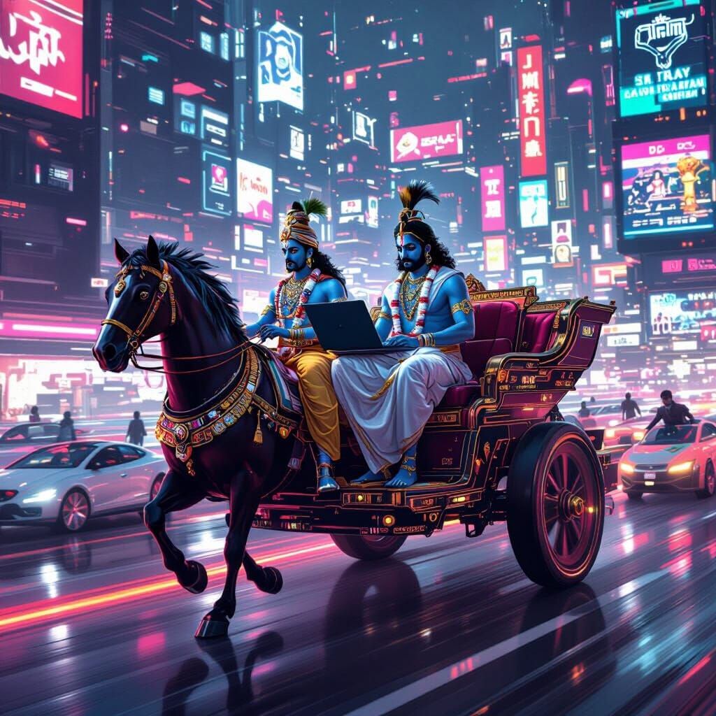 Krishna and Arjuna in Cyberpunk Cityscape
