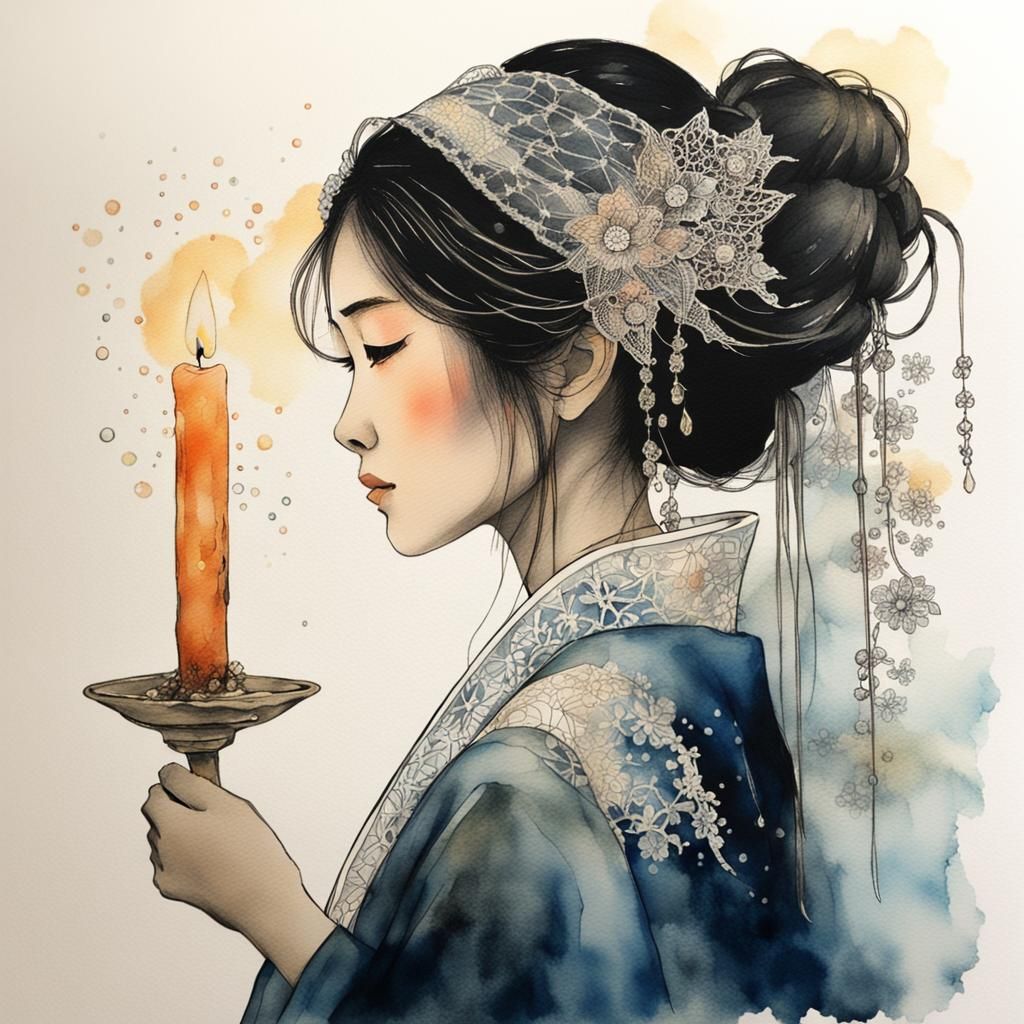 Japanese Girl with Candle in Watercolor Style