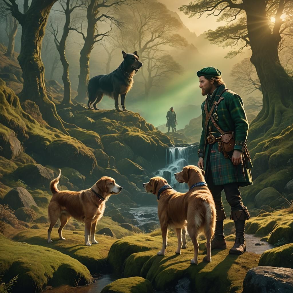 Scottish Man and Hound in Mystical Glen