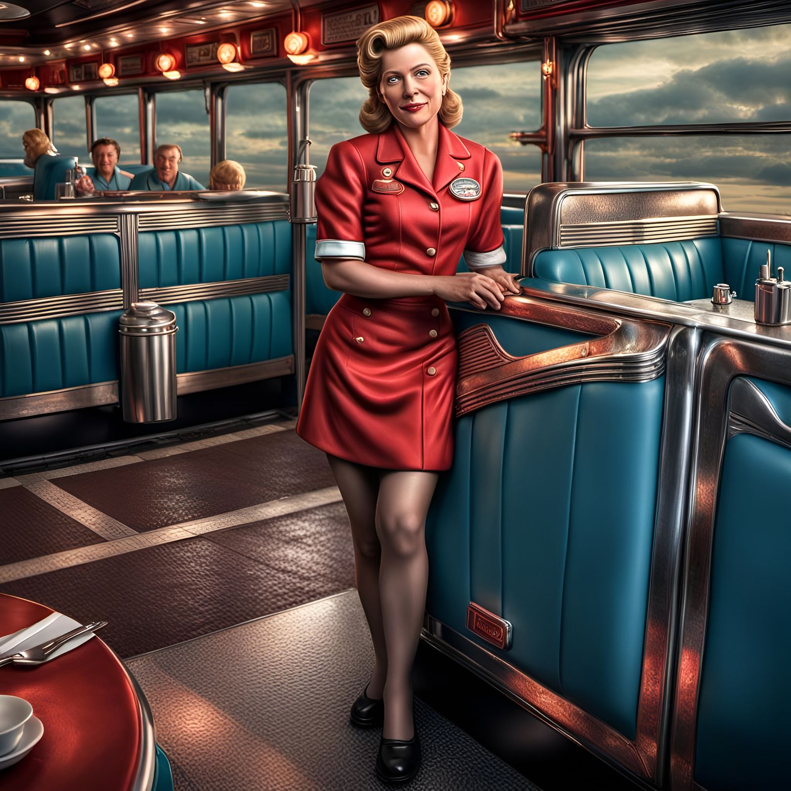 Hyperrealistic Diner Waitress in Caboose RR Car