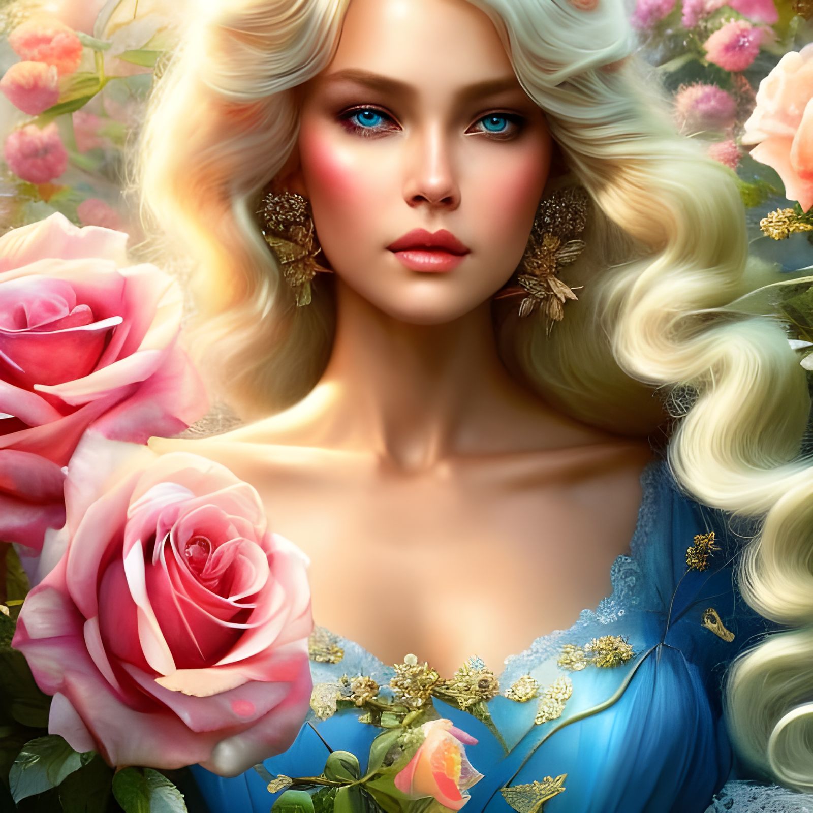 Blonde Woman in Rose Garden, Photorealistic Art