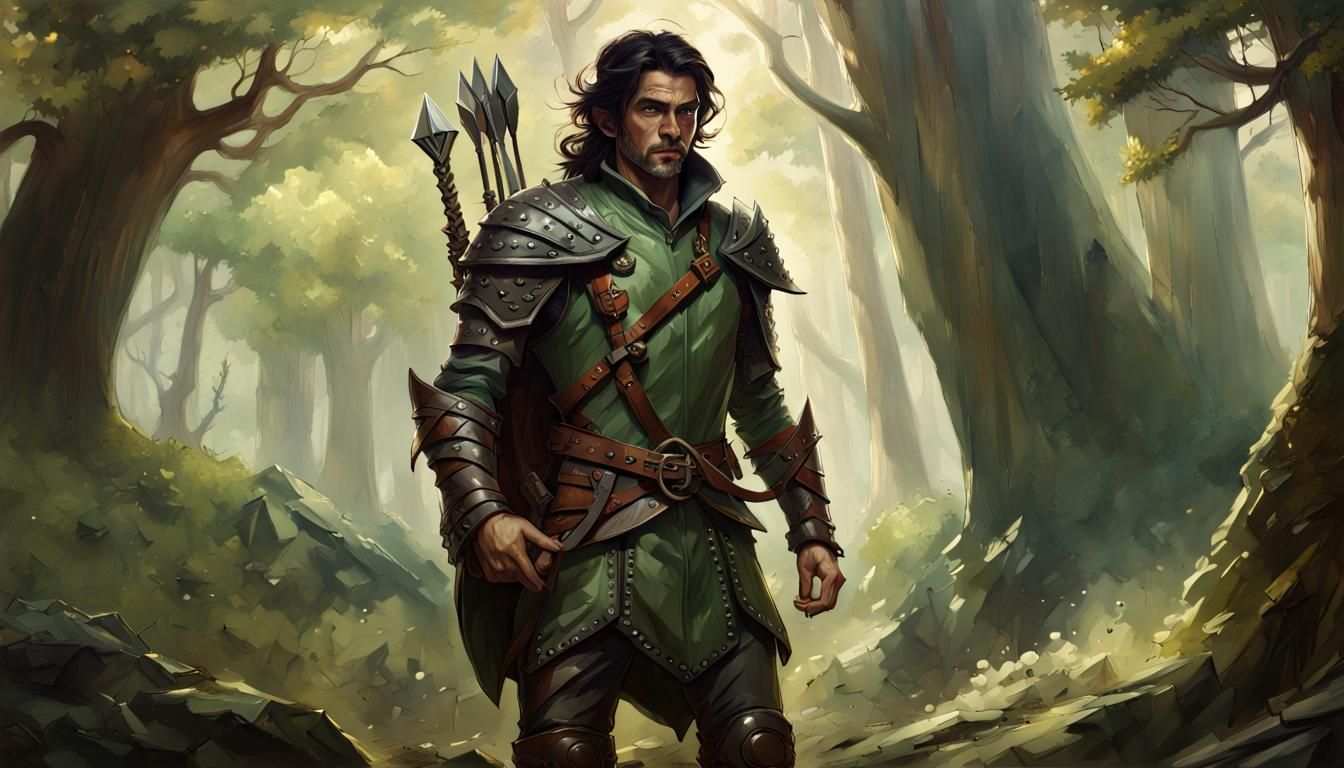 Old Elf Ranger in Forest, Hyperrealistic Matte Painting