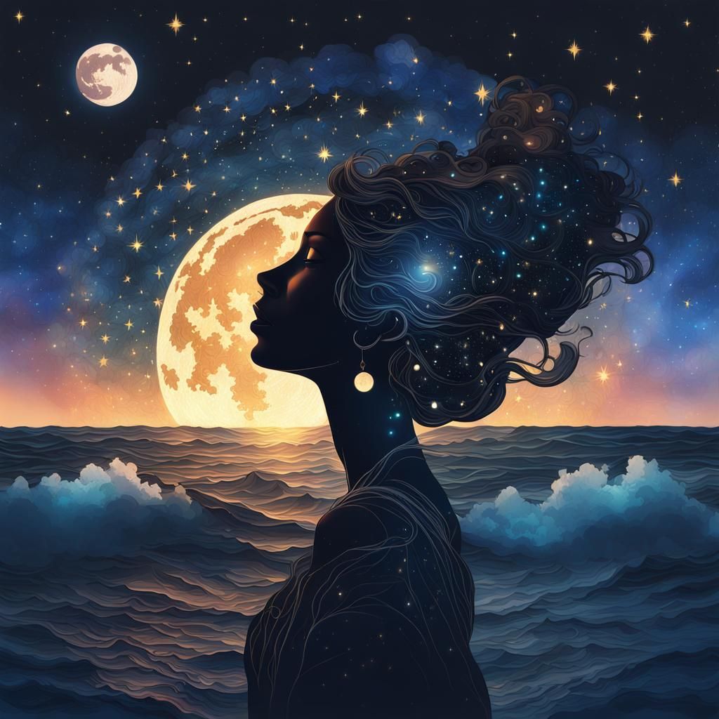 Goddess Silhouette Over Starry Ocean, Art Nouveau