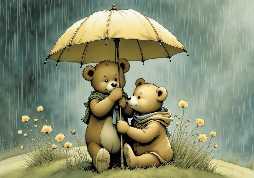 Charming Bear Family Seeks Shelter Under a Whimsical Umbrell...