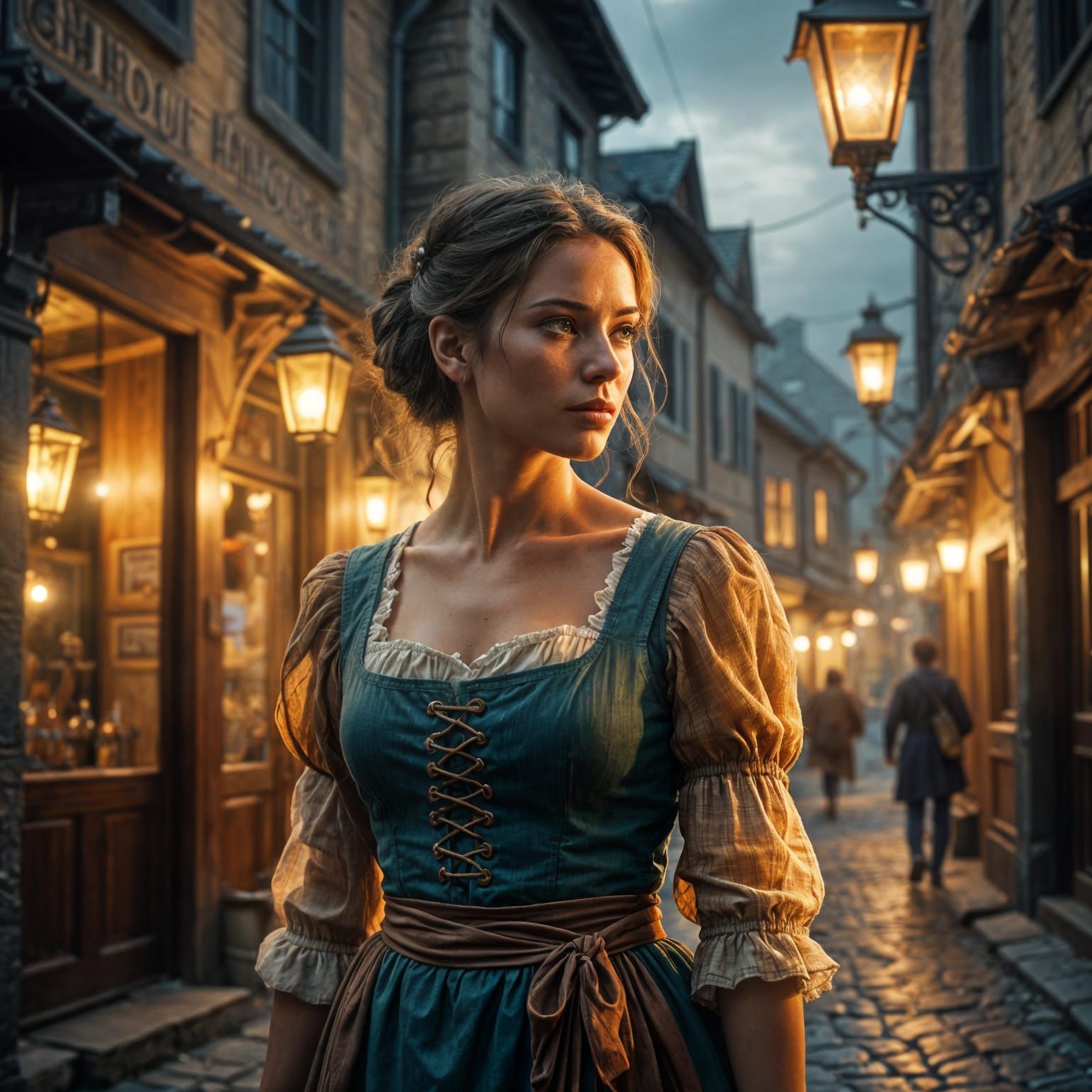 Woman as Tavern Worker Blended with Old Town Streets