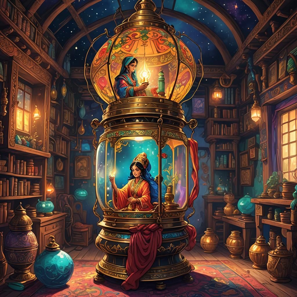 Magic Lantern with Genie Inside: A Fantasy Scene