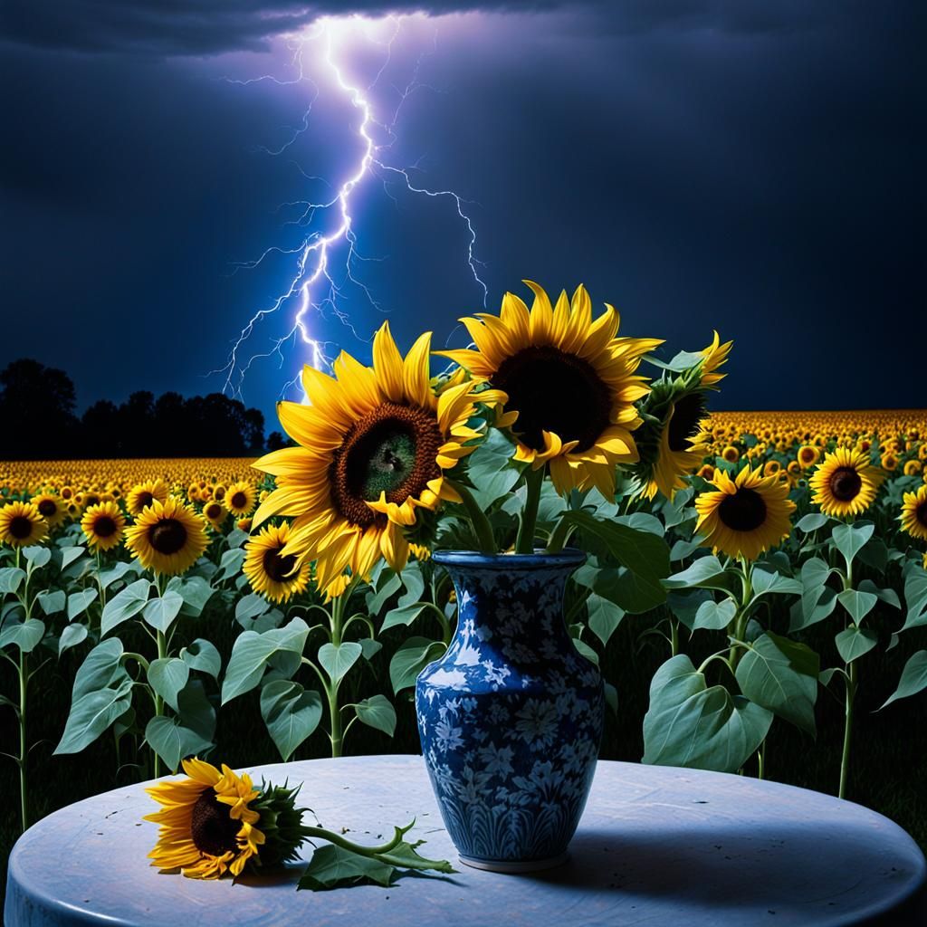 Lightning bolt hitting a vase of sunflowers