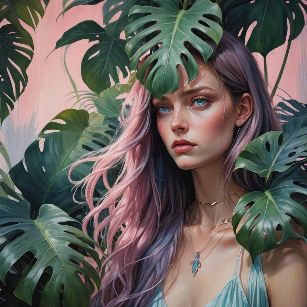 Waif Girl Gazing at Monstera Leaf, Art Nouveau