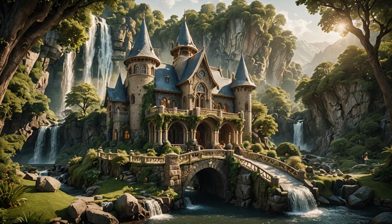 Elegant Elven House by Waterfall in Fantasy Architecture
