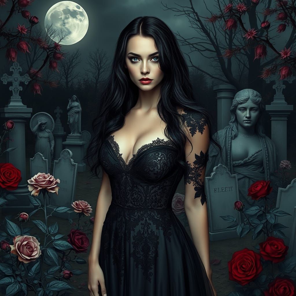 Gothic Woman in Moonlit Garden: Dark Romanticism