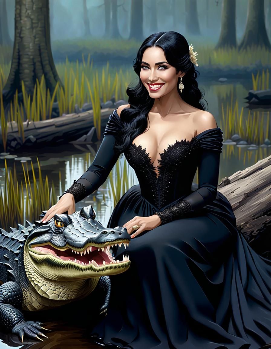 Swamp Woman and Alligator: Gothic Horror Art