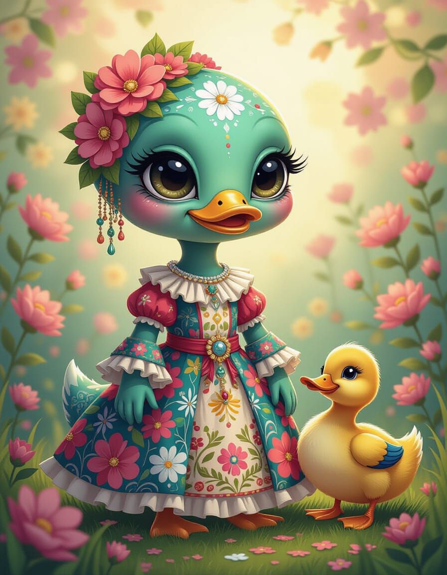 Patchwork Alien Portrait with Floral Accents