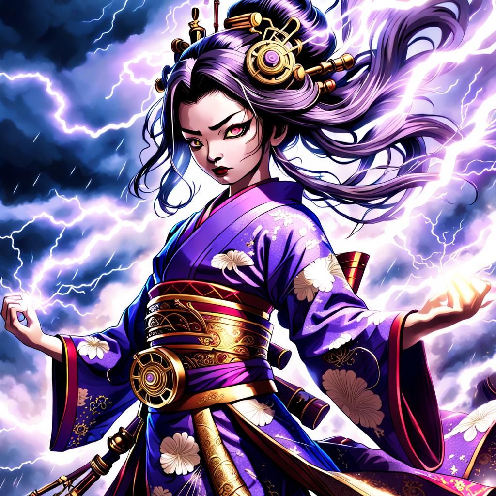 A geisha in a purple kimono shooting using the power of ligh...