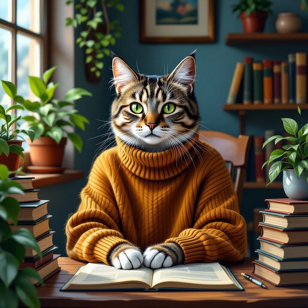 Millennial Cat Relaxing in Cozy Impasto Oil Painting