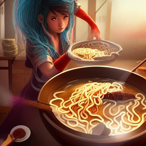 Ghost Girl Cooks Ramen: Detailed Fantasy Art