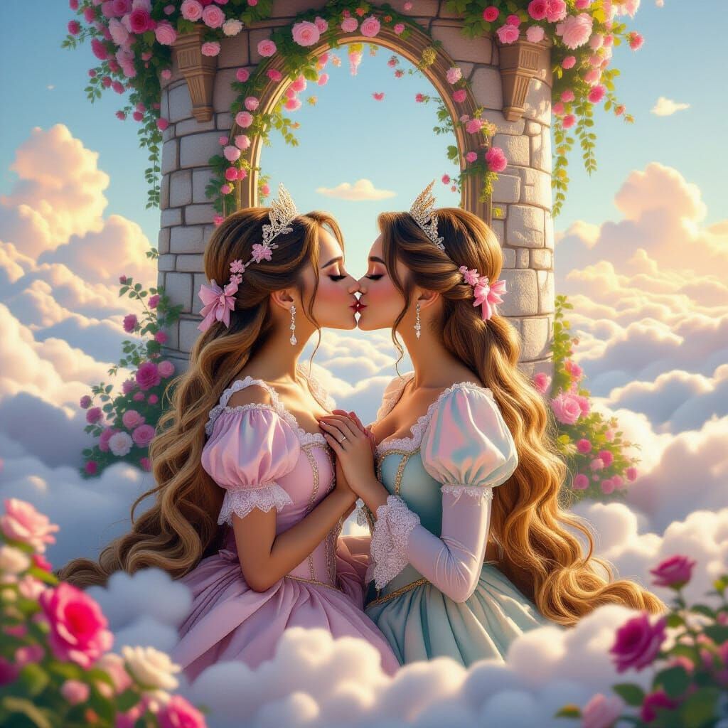 Rapunzel Kissing Reflection in Tower, Dreamy Art