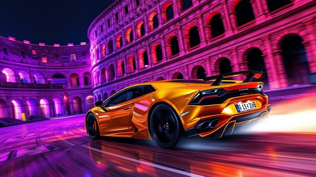 Dynamic concept art. Low-angle shot. A gold Lamborghini Aventador SVJ racing around the Colosseum's ancient stone track....