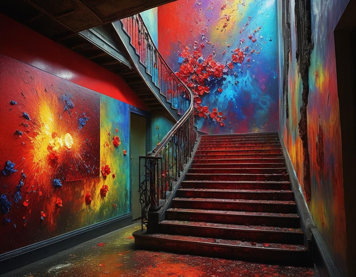 Abstract Stairwell in Biopunk Style with Floral Accents