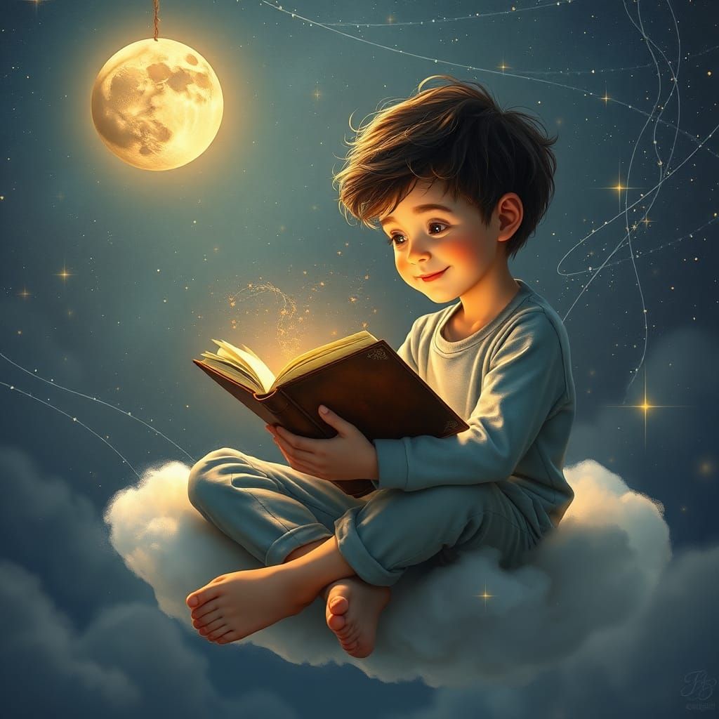 Boy Reading Book on Cloud with Moon