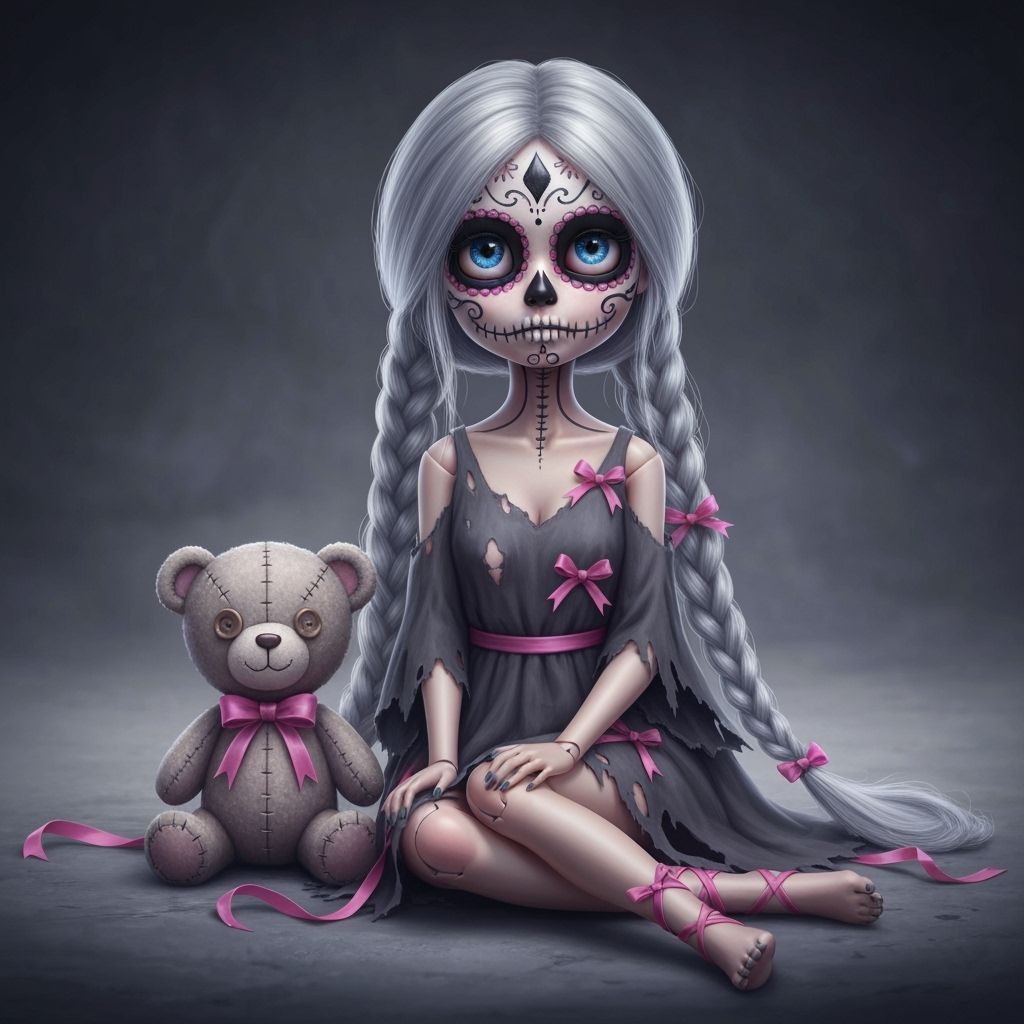 Gothic Doll Girl with Sugar Skull Face in Fantasy Realism
