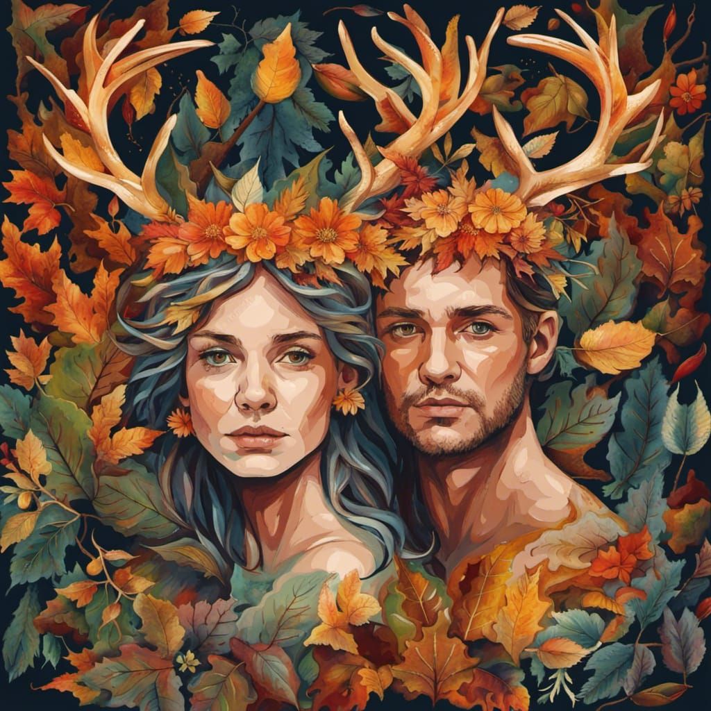 Autumn Fairy King and Queen in Abstract Forest