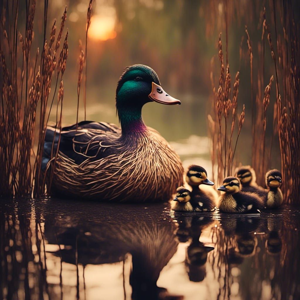 Idyllic Ducklings in Pond, Antique Watercolor Style