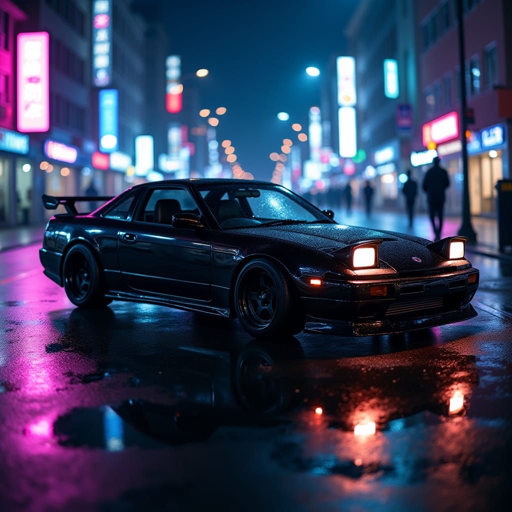 Midnight Black Nissan 240sx Coupe on Rainy City Street