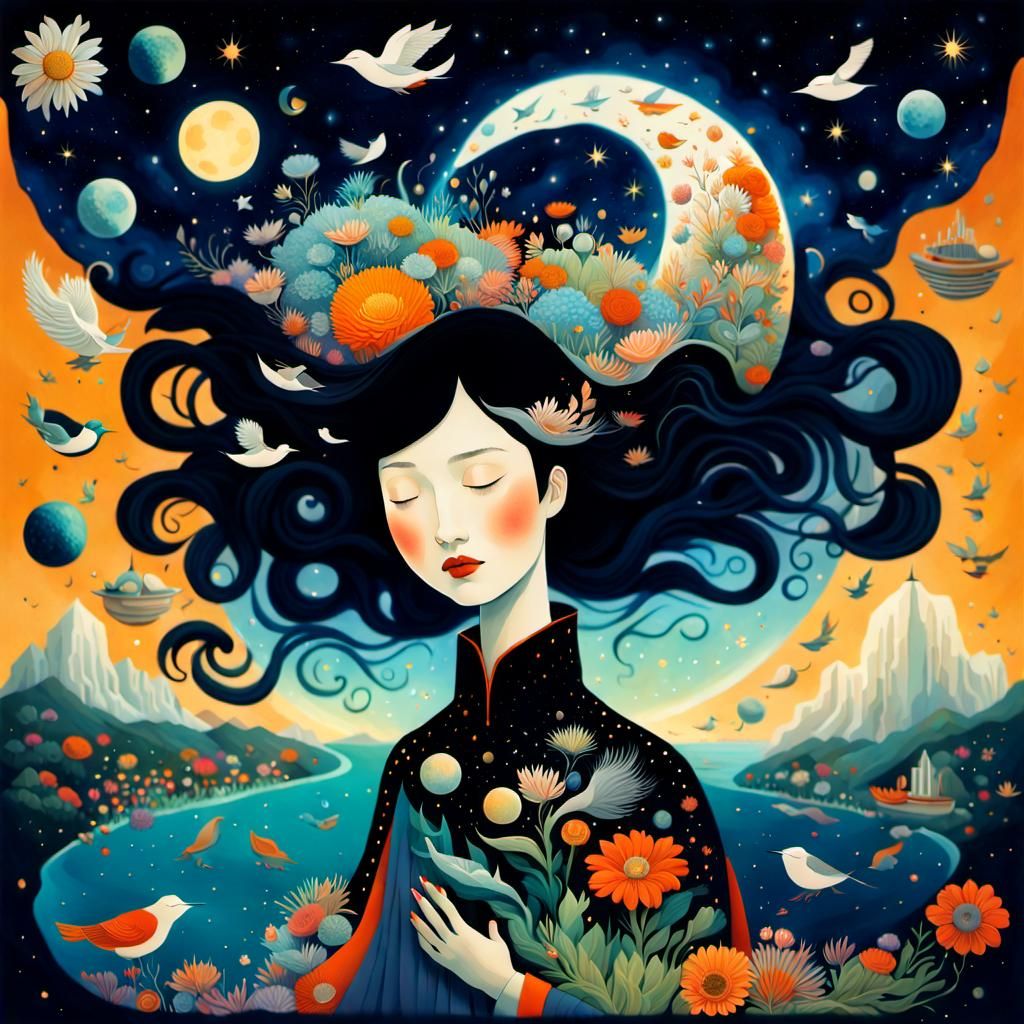 Surreal Woman Holding Cosmos in Whimsical Universe