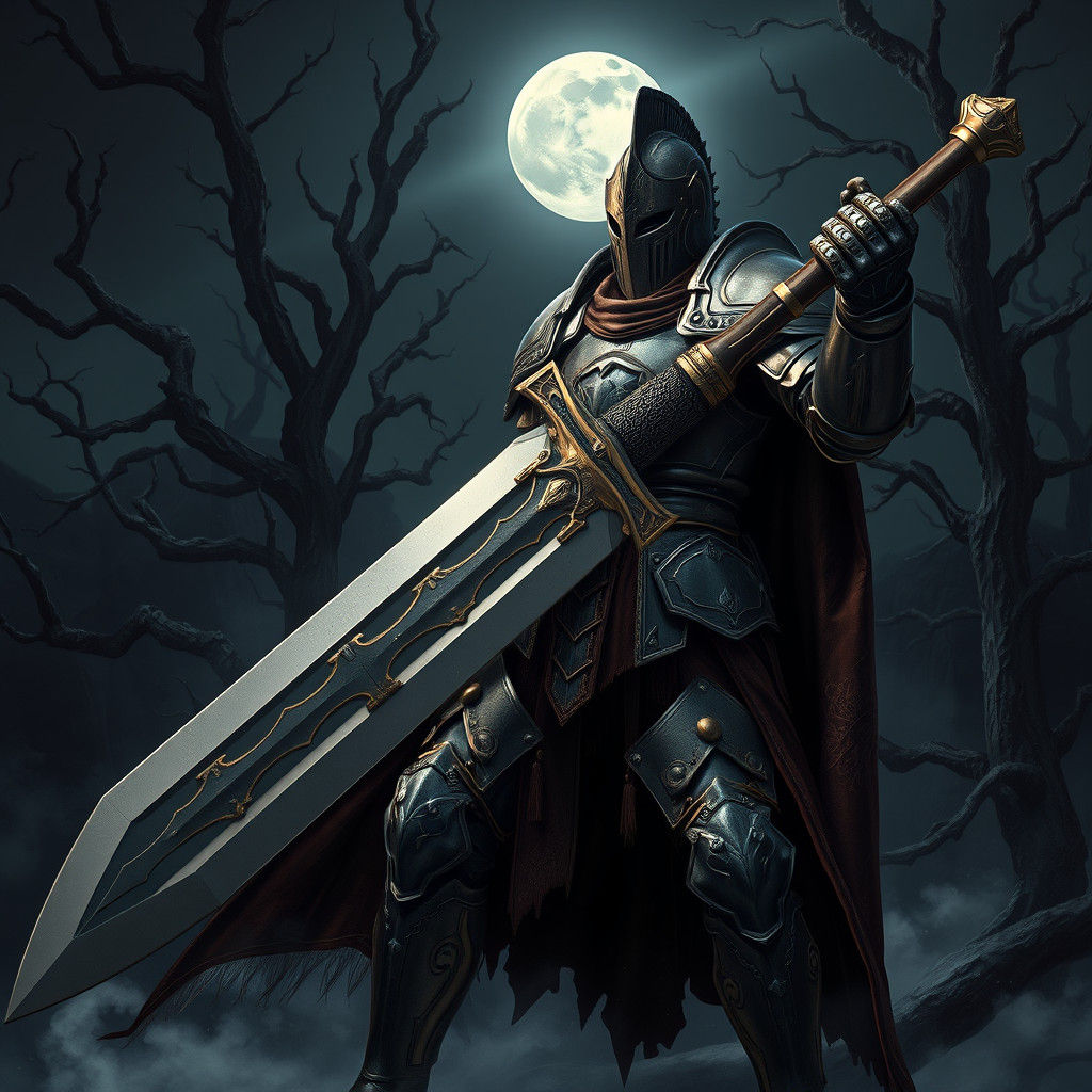 Heroic Knight with Sword in Industrial Fantasy Style