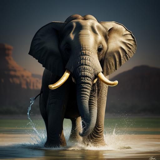 Baby Elephant Plays: Hyperrealistic Splash Art