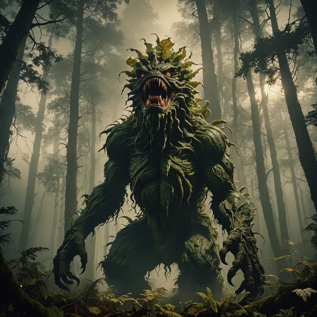 Biollante Emerges from Misty Forest: Cinematic Film Still