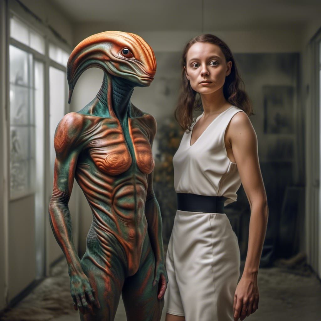 Smiling Aliens and Pets Party in Hyperrealism Style