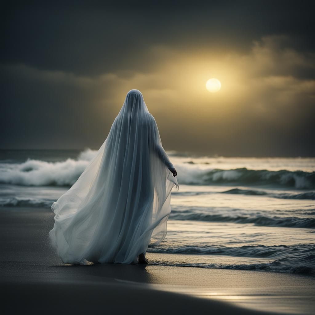 Ethereal Ghost Woman Emerges from the Sea