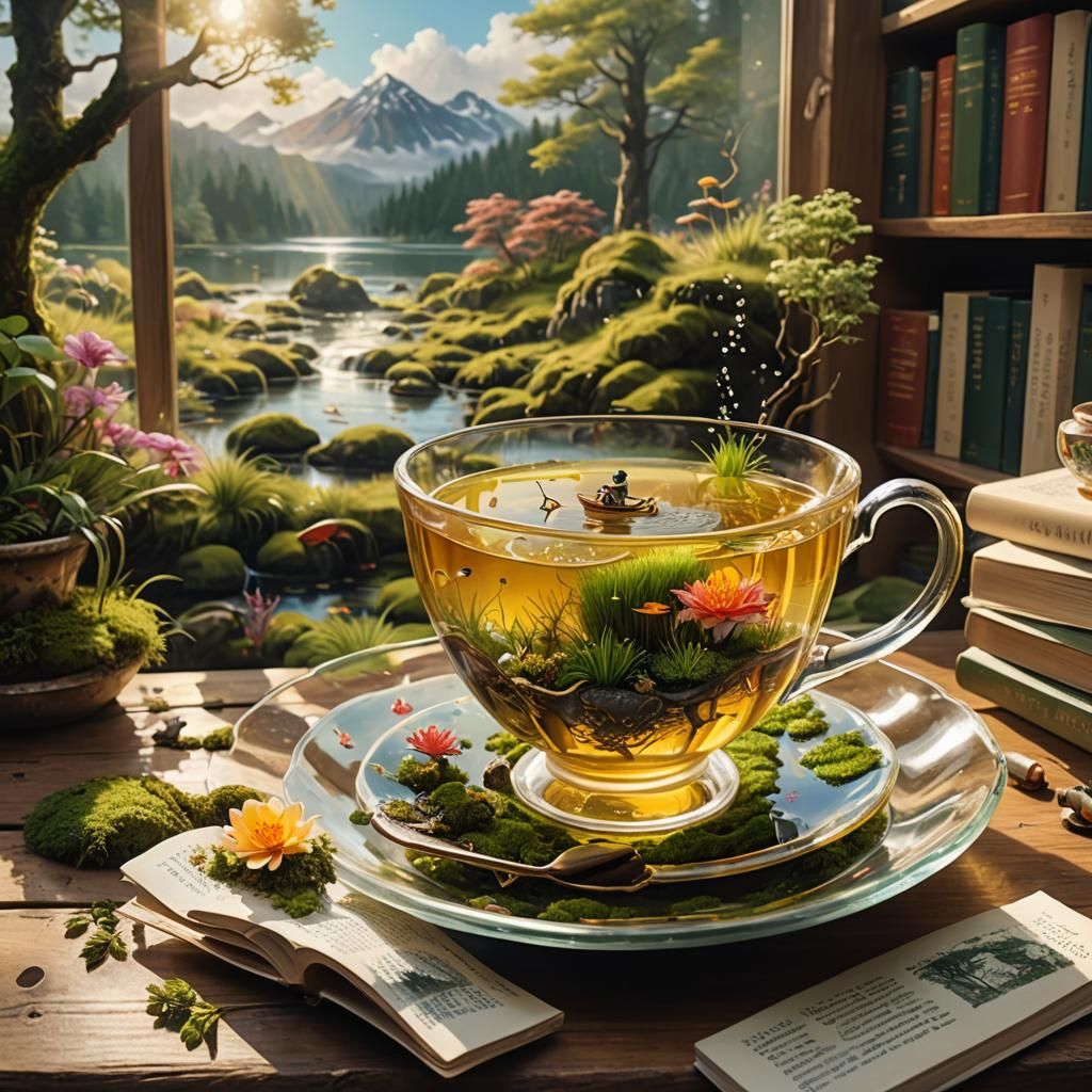 Miniature World in Golden Teacup: Hyper-Realistic Splash Art
