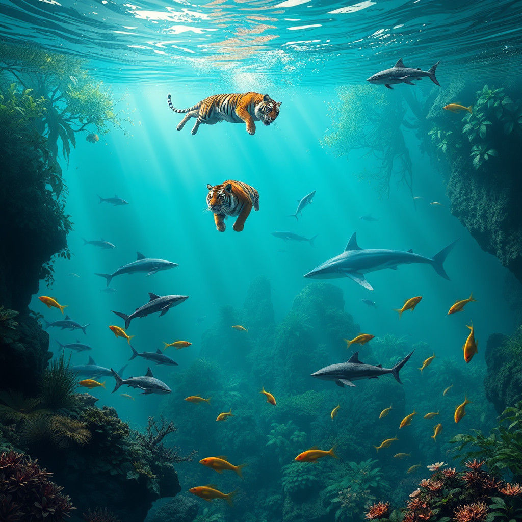 Underwater River Scene with Sharks and Jungle Life