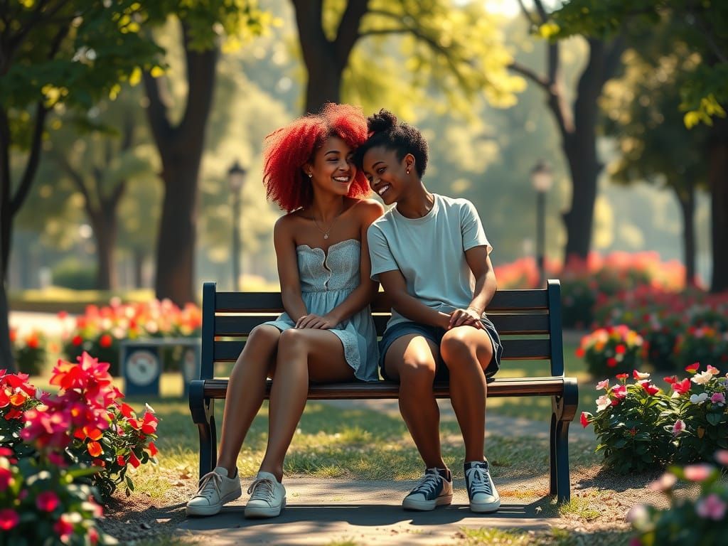 Girls Laughing in Sunny Park, Hyperrealistic Style