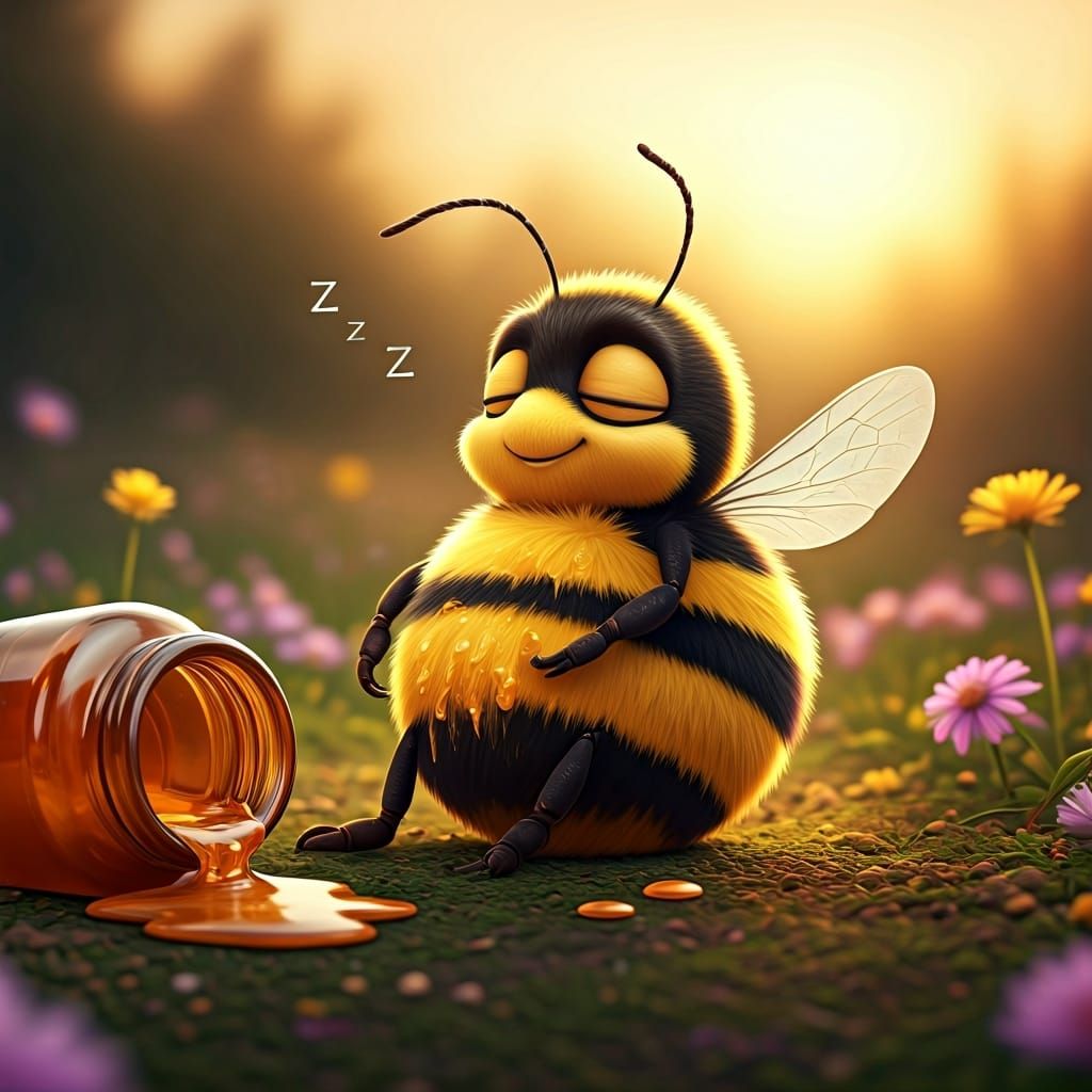 Sleepy Bee in Flower Meadow, Pixar Style