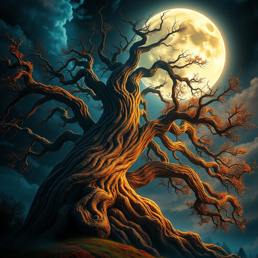 Majestic Tree Under Moonlit Sky, Digital Concept Art