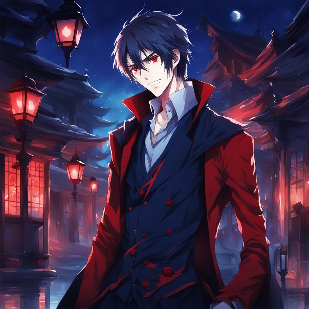 Anime Vampire in Red and Blue Night