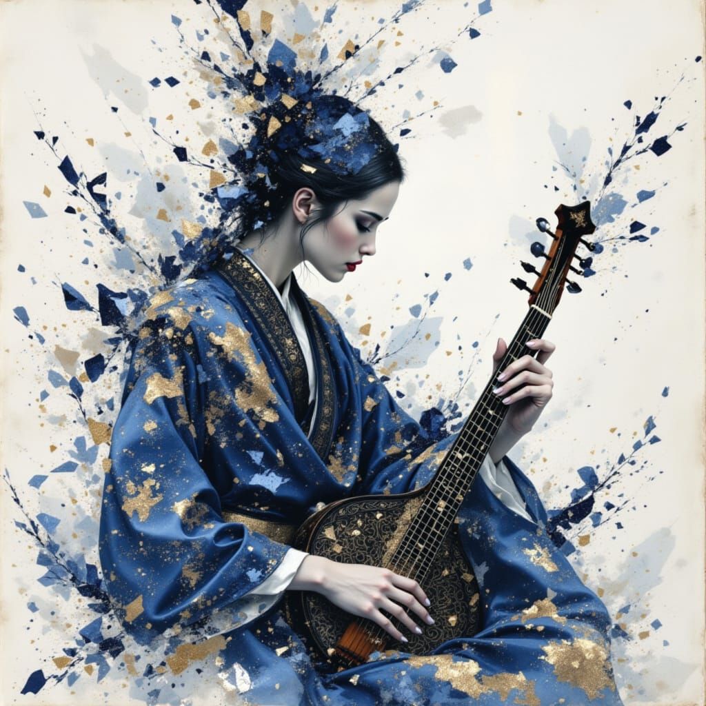 Shamisen Performer in Elegant Stance, Mixed Media Art