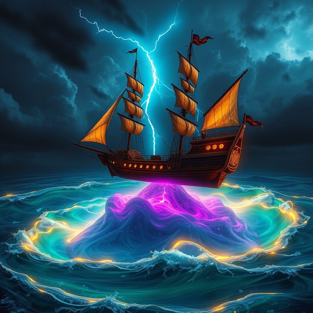 Majestic Galleon Ship Sails Above Bermuda Triangle in Dark F...