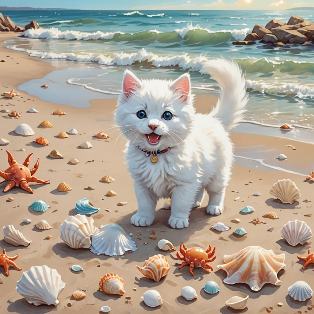 Kitten, Dog, and Crab's Beach Adventure: Whimsical Digital A...